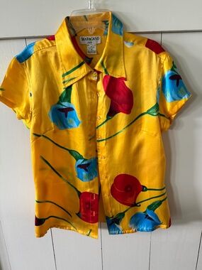 Vintage Sharagano Yellow Silk Floral Blouse NWOT